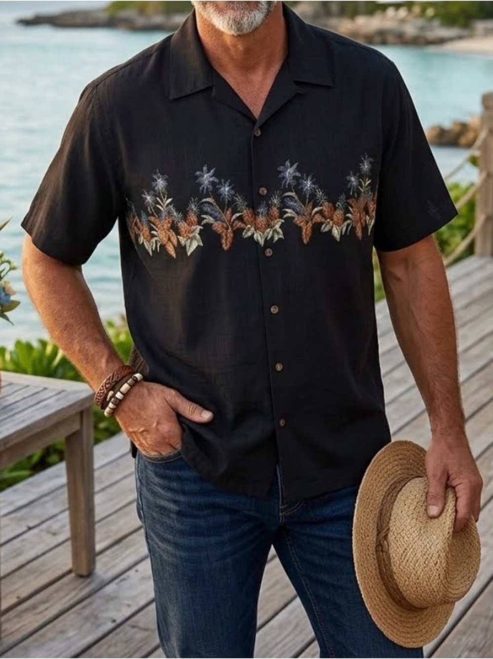 Batik Bay Black Hawaiian Camp Shirt 100% Rayon Pineapple Palm XXL 0052